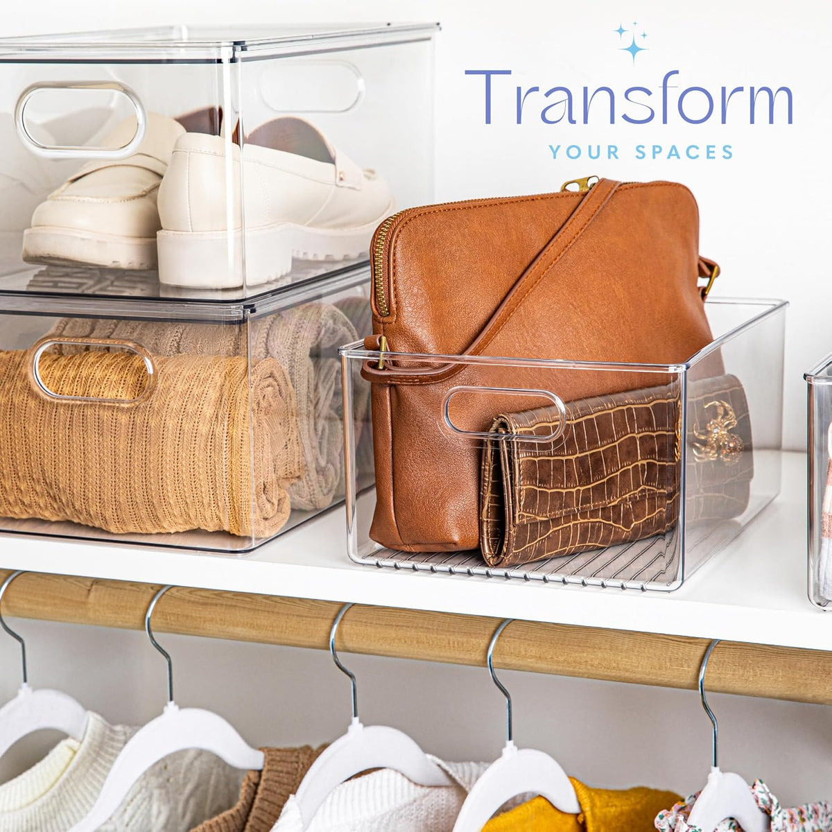 Plastic Food Storage 2 Pack Clear Container Bin with Handles for Organizing Kitchen, Pantry, Refrigerator, Freezer, Pantry, Cabinet, Closet, Bathroom. 16”x6”x5”
