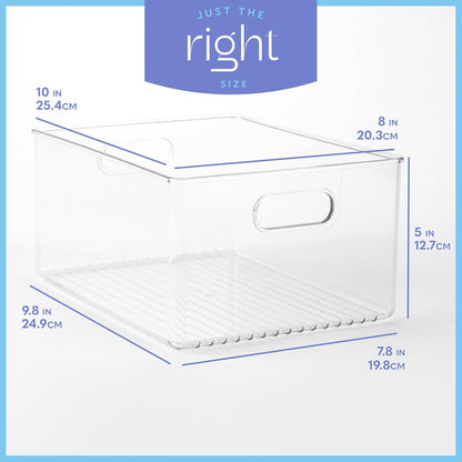 Plastic Food Storage 2 Pack Clear Container Bin with Handles for Organizing Kitchen, Pantry, Refrigerator, Freezer, Pantry, Cabinet, Closet, Bathroom. 16”x6”x5”