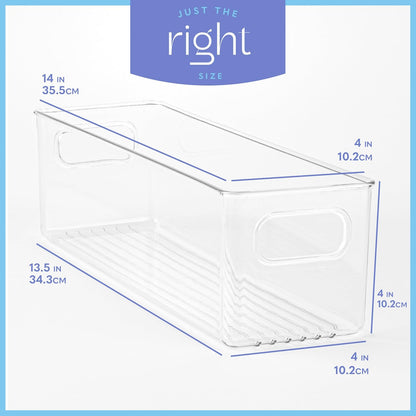 Plastic Food Storage 2 Pack Clear Container Bin with Handles for Organizing Kitchen, Pantry, Refrigerator, Freezer, Pantry, Cabinet, Closet, Bathroom. 16”x6”x5”