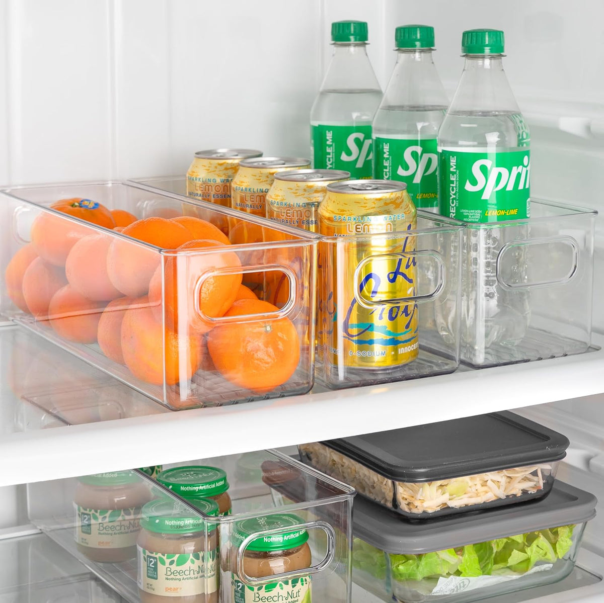 Plastic Food Storage 2 Pack Clear Container Bin with Handles for Organizing Kitchen, Pantry, Refrigerator, Freezer, Pantry, Cabinet, Closet, Bathroom. 16”x6”x5”
