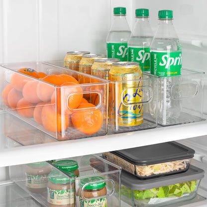 Plastic Food Storage 2 Pack Clear Container Bin with Handles for Organizing Kitchen, Pantry, Refrigerator, Freezer, Pantry, Cabinet, Closet, Bathroom. 16”x6”x5”