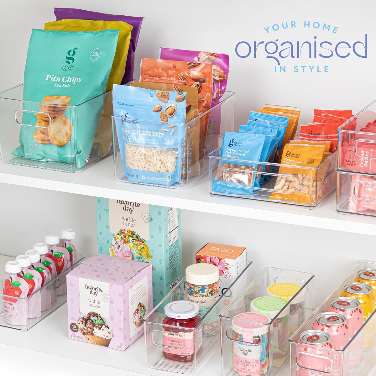 Plastic Food Storage 2 Pack Clear Container Bin with Handles for Organizing Kitchen, Pantry, Refrigerator, Freezer, Pantry, Cabinet, Closet, Bathroom. 16”x6”x5”