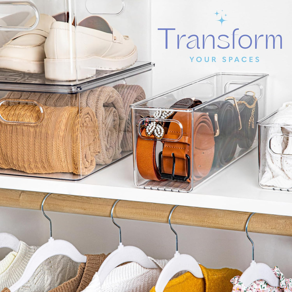 Plastic Food Storage 2 Pack Clear Container Bin with Handles for Organizing Kitchen, Pantry, Refrigerator, Freezer, Pantry, Cabinet, Closet, Bathroom. 16”x6”x5”