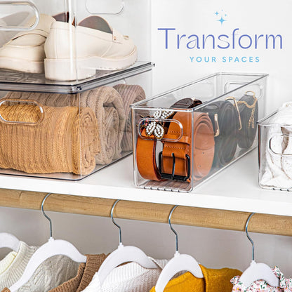 Plastic Food Storage 2 Pack Clear Container Bin with Handles for Organizing Kitchen, Pantry, Refrigerator, Freezer, Pantry, Cabinet, Closet, Bathroom. 16”x6”x5”