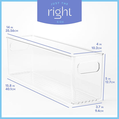 Plastic Food Storage 2 Pack Clear Container Bin with Handles for Organizing Kitchen, Pantry, Refrigerator, Freezer, Pantry, Cabinet, Closet, Bathroom. 16”x6”x5”