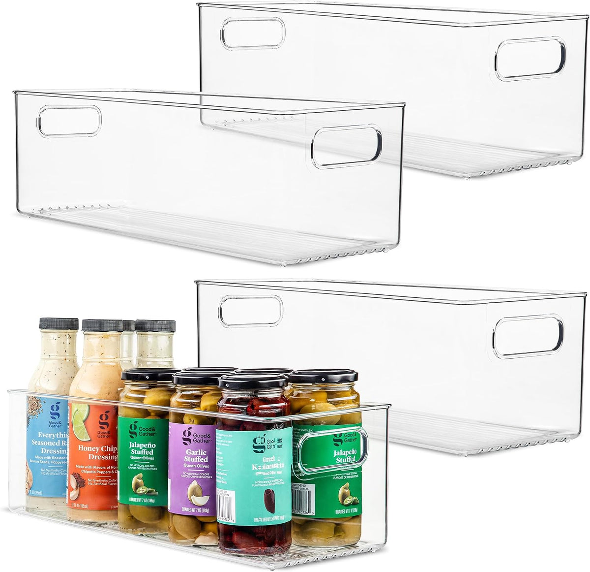Plastic Food Storage 2 Pack Clear Container Bin with Handles for Organizing Kitchen, Pantry, Refrigerator, Freezer, Pantry, Cabinet, Closet, Bathroom. 16”x6”x5”