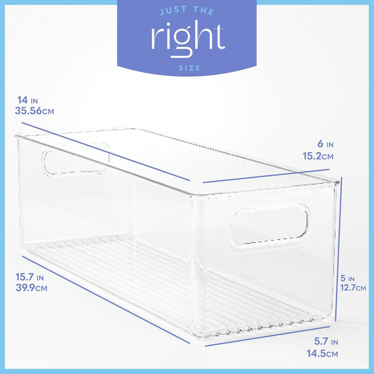 Plastic Food Storage 2 Pack Clear Container Bin with Handles for Organizing Kitchen, Pantry, Refrigerator, Freezer, Pantry, Cabinet, Closet, Bathroom. 16”x6”x5”
