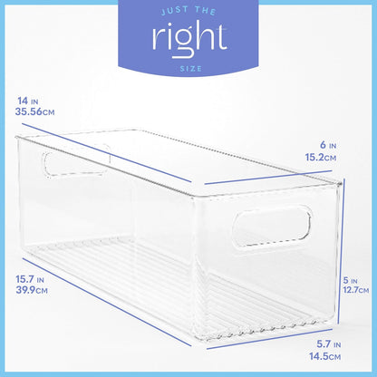 Plastic Food Storage 2 Pack Clear Container Bin with Handles for Organizing Kitchen, Pantry, Refrigerator, Freezer, Pantry, Cabinet, Closet, Bathroom. 16”x6”x5”