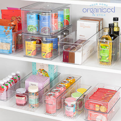 Plastic Food Storage 2 Pack Clear Container Bin with Handles for Organizing Kitchen, Pantry, Refrigerator, Freezer, Pantry, Cabinet, Closet, Bathroom. 16”x6”x5”