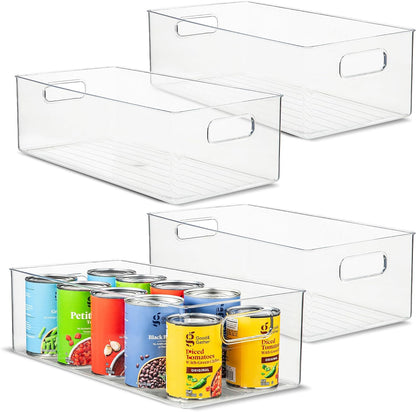 Plastic Food Storage 2 Pack Clear Container Bin with Handles for Organizing Kitchen, Pantry, Refrigerator, Freezer, Pantry, Cabinet, Closet, Bathroom. 16”x6”x5”