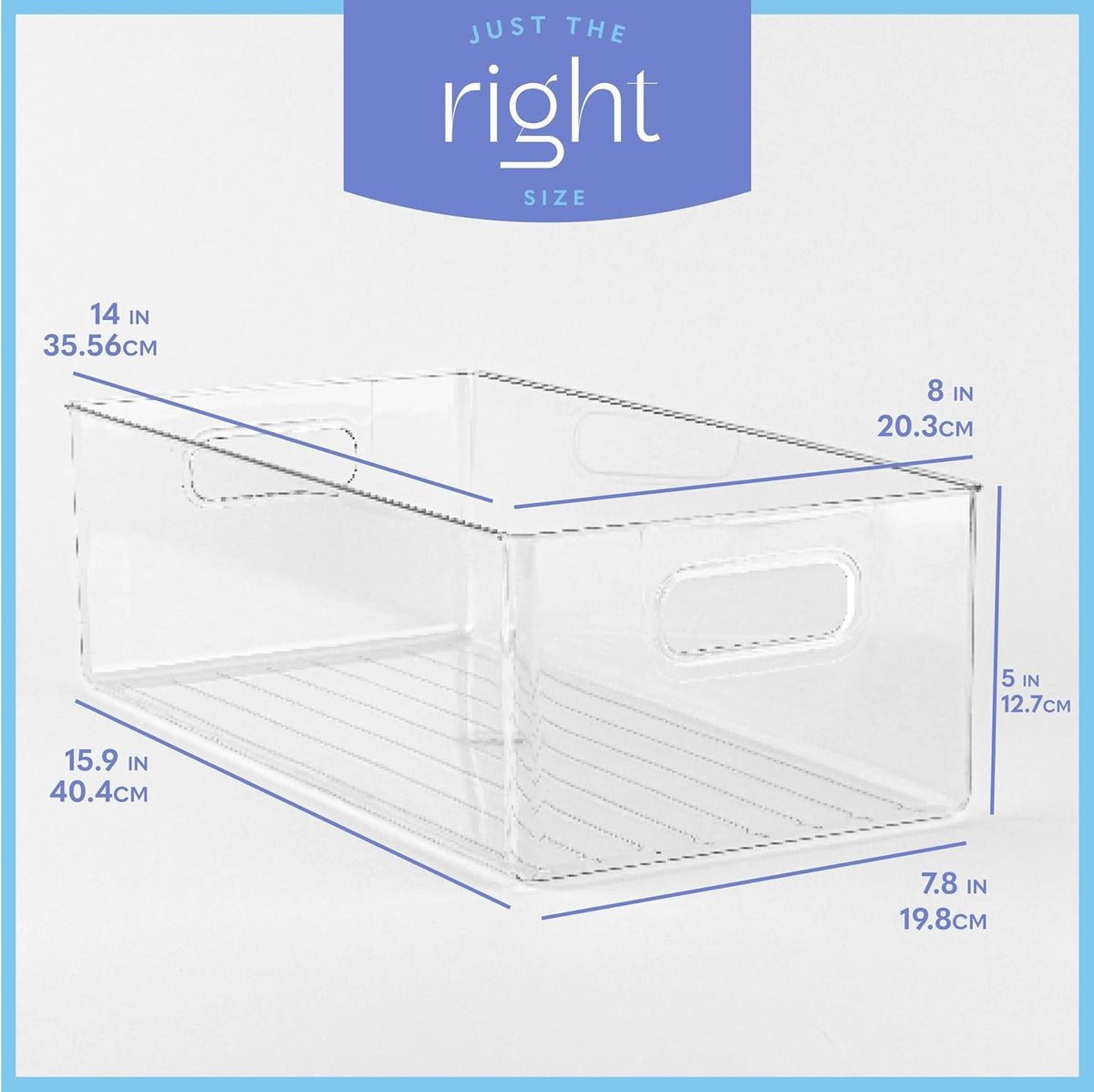 Plastic Food Storage 2 Pack Clear Container Bin with Handles for Organizing Kitchen, Pantry, Refrigerator, Freezer, Pantry, Cabinet, Closet, Bathroom. 16”x6”x5”