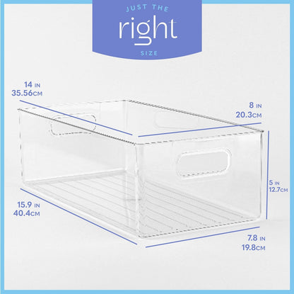 Plastic Food Storage 2 Pack Clear Container Bin with Handles for Organizing Kitchen, Pantry, Refrigerator, Freezer, Pantry, Cabinet, Closet, Bathroom. 16”x6”x5”