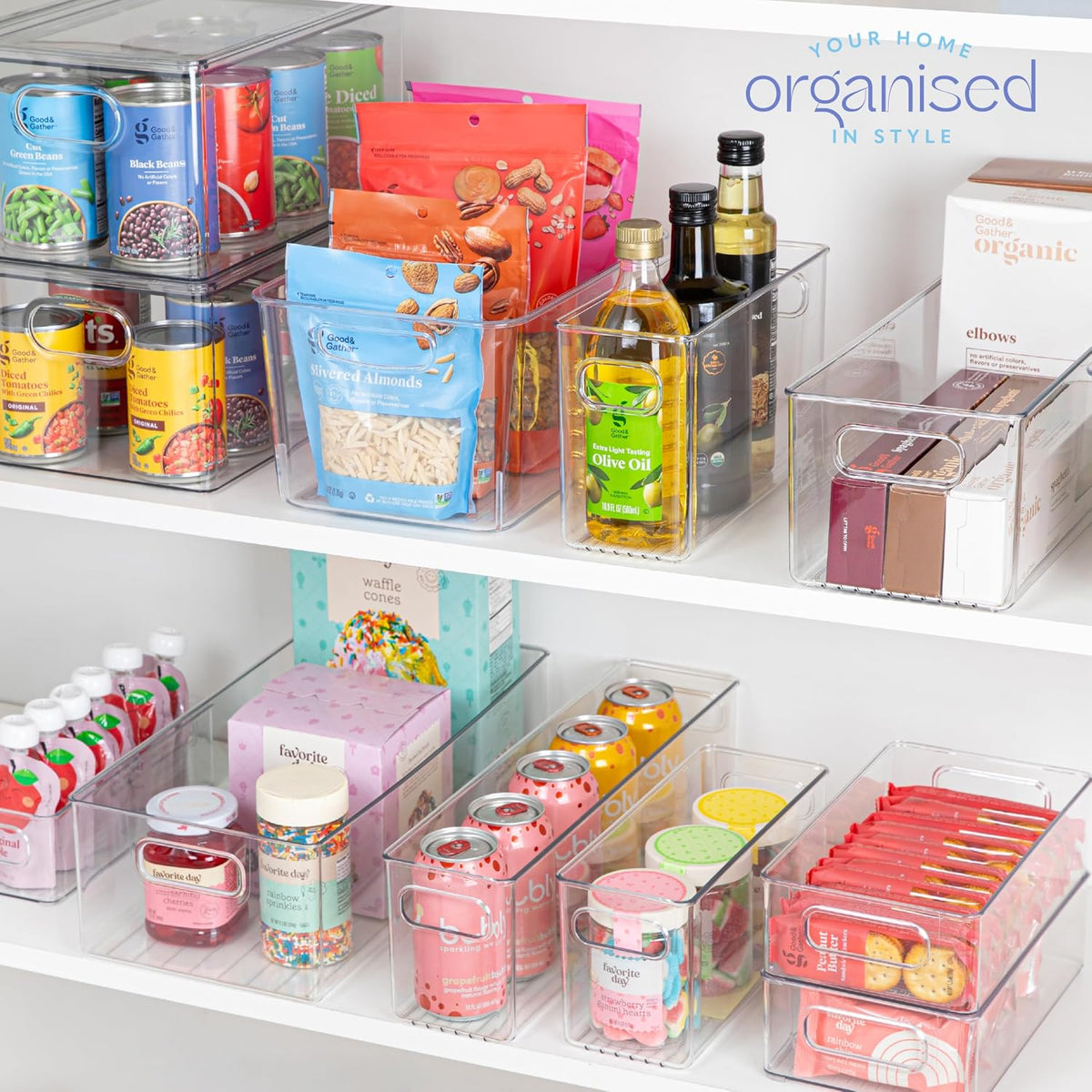 Plastic Food Storage 2 Pack Clear Container Bin with Handles for Organizing Kitchen, Pantry, Refrigerator, Freezer, Pantry, Cabinet, Closet, Bathroom. 16”x6”x5”