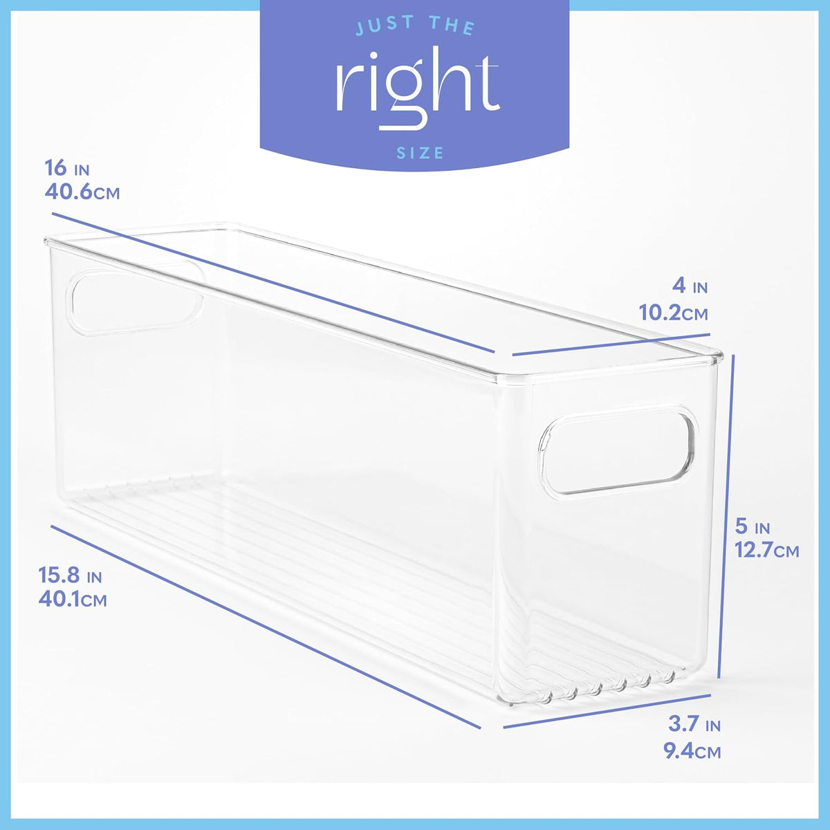 Plastic Food Storage 2 Pack Clear Container Bin with Handles for Organizing Kitchen, Pantry, Refrigerator, Freezer, Pantry, Cabinet, Closet, Bathroom. 16”x6”x5”