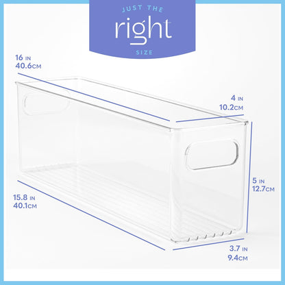 Plastic Food Storage 2 Pack Clear Container Bin with Handles for Organizing Kitchen, Pantry, Refrigerator, Freezer, Pantry, Cabinet, Closet, Bathroom. 16”x6”x5”