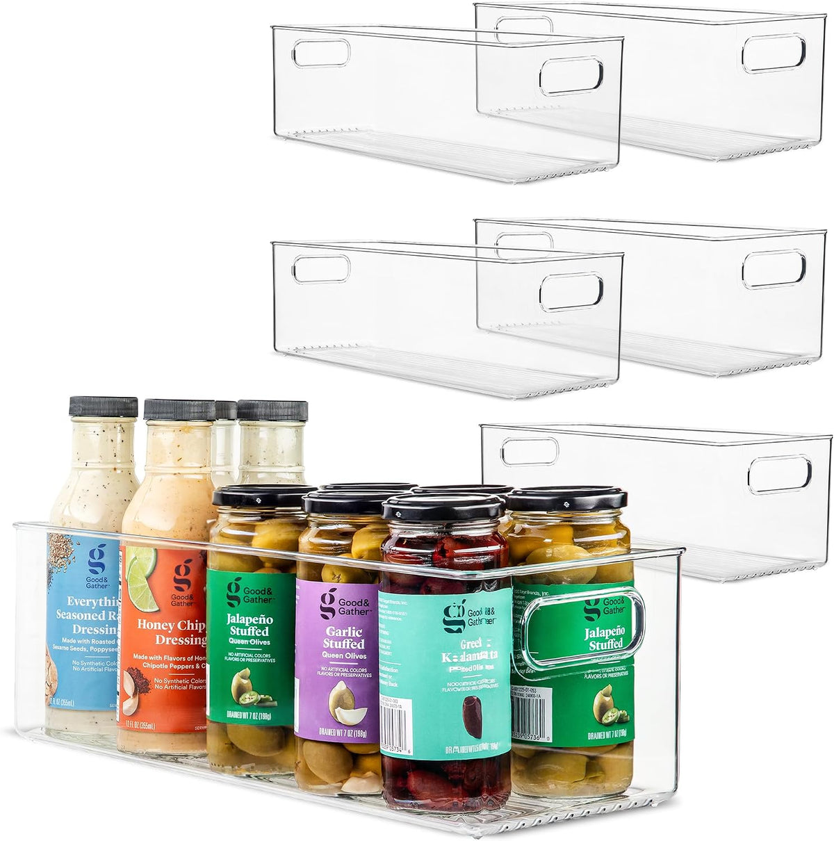 Plastic Food Storage 2 Pack Clear Container Bin with Handles for Organizing Kitchen, Pantry, Refrigerator, Freezer, Pantry, Cabinet, Closet, Bathroom. 16”x6”x5”