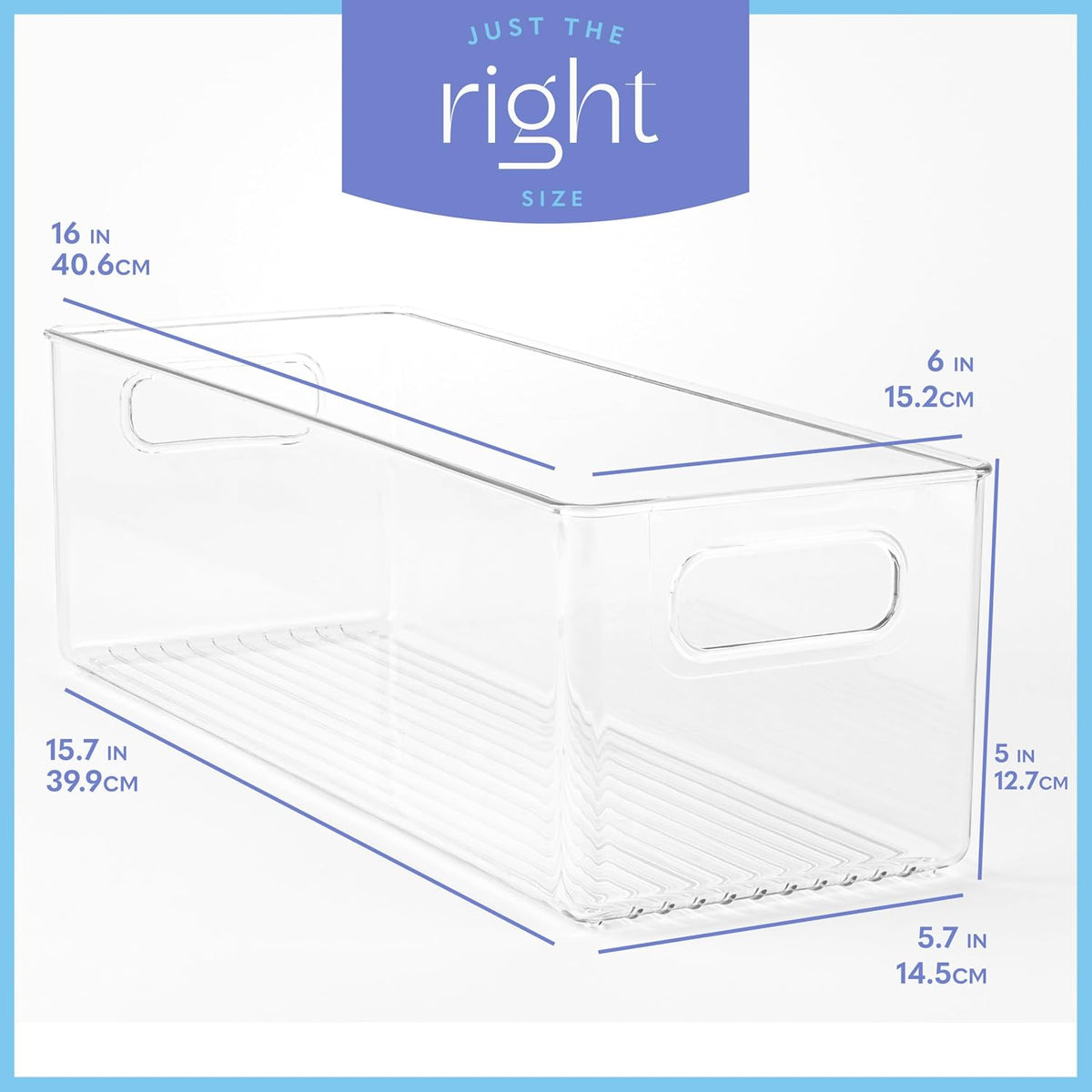 Plastic Food Storage 2 Pack Clear Container Bin with Handles for Organizing Kitchen, Pantry, Refrigerator, Freezer, Pantry, Cabinet, Closet, Bathroom. 16”x6”x5”