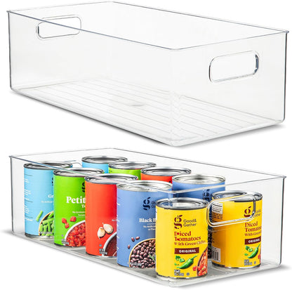 Plastic Food Storage 2 Pack Clear Container Bin with Handles for Organizing Kitchen, Pantry, Refrigerator, Freezer, Pantry, Cabinet, Closet, Bathroom. 16”x6”x5”