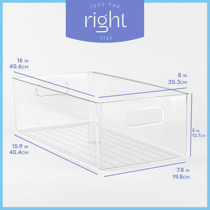 Plastic Food Storage 2 Pack Clear Container Bin with Handles for Organizing Kitchen, Pantry, Refrigerator, Freezer, Pantry, Cabinet, Closet, Bathroom. 16”x6”x5”
