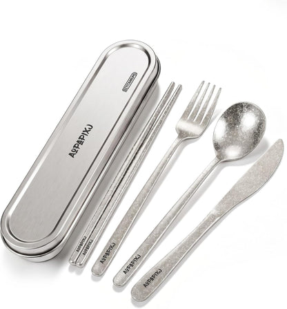 Travel cutlery set, 18/8 stainless steel cutlery, Reusable utensils set with case, Portable Silverware Lunch Box for Camping and Office (Stainless Steel)