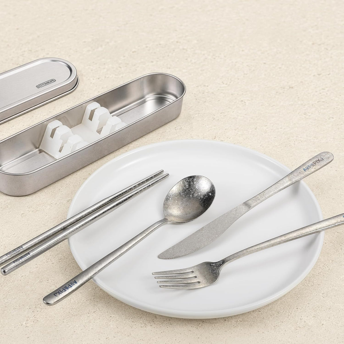 Travel cutlery set, 18/8 stainless steel cutlery, Reusable utensils set with case, Portable Silverware Lunch Box for Camping and Office (Stainless Steel)