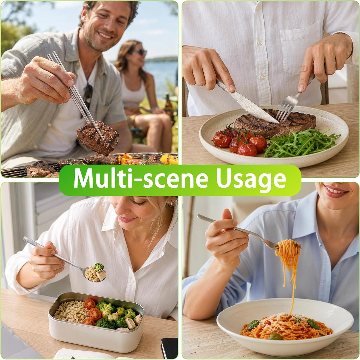 Travel cutlery set, 18/8 stainless steel cutlery, Reusable utensils set with case, Portable Silverware Lunch Box for Camping and Office (Stainless Steel)
