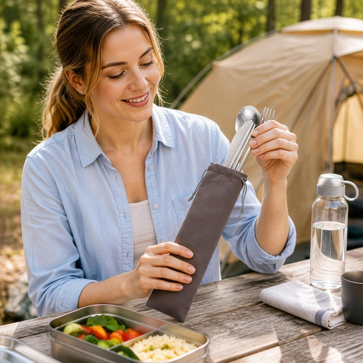 Travel cutlery set, 18/8 stainless steel cutlery, Reusable utensils set with case, Portable Silverware Lunch Box for Camping and Office (Stainless Steel)