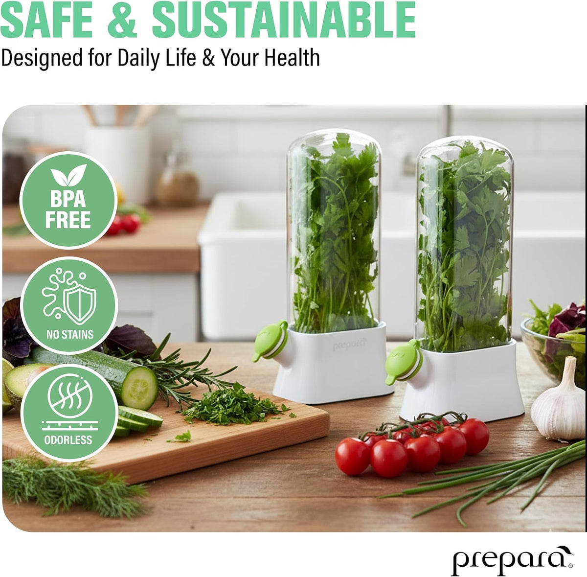 Herb Savor Pod 2.0 Storage Container - White, Set of 2 | BPA Free Plastic Fresh Herb Keeper, Fridge Door Design, Pouring Spout, Hinged Door, Dishwasher Safe, 3.2" x 2.6" x 11.3"