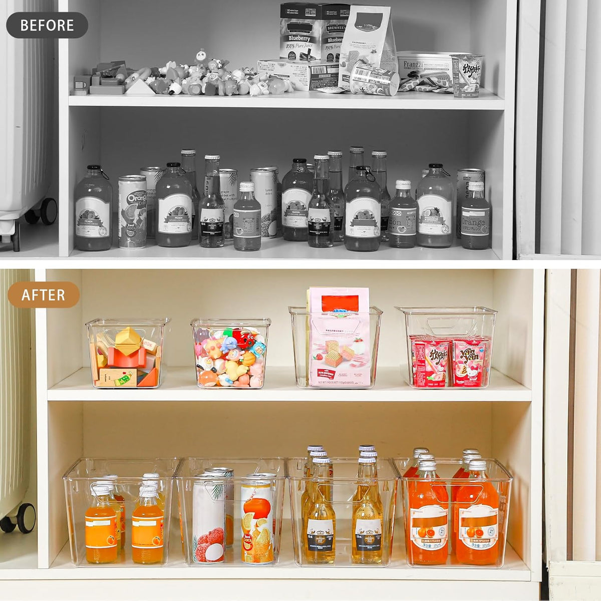 Middle Organizers and Storage, Pantry Organization and Storage Bins, Cabinet Organizer, Clear Plastic Storage Containers with Handle，Acrylic Storage Bins for Cabinet, Fridge