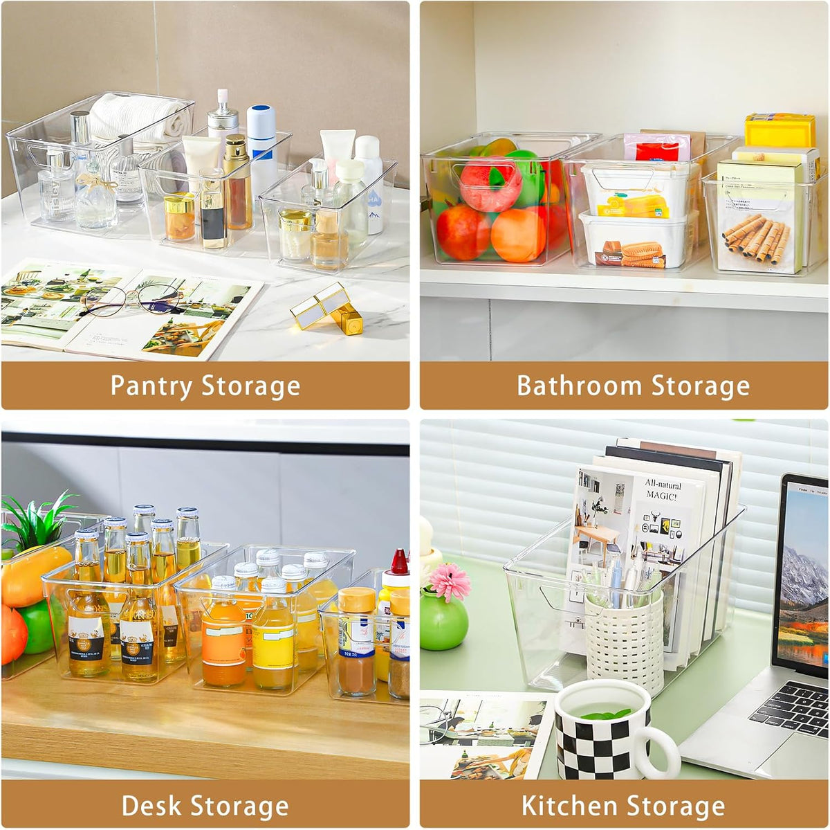 Middle Organizers and Storage, Pantry Organization and Storage Bins, Cabinet Organizer, Clear Plastic Storage Containers with Handle，Acrylic Storage Bins for Cabinet, Fridge