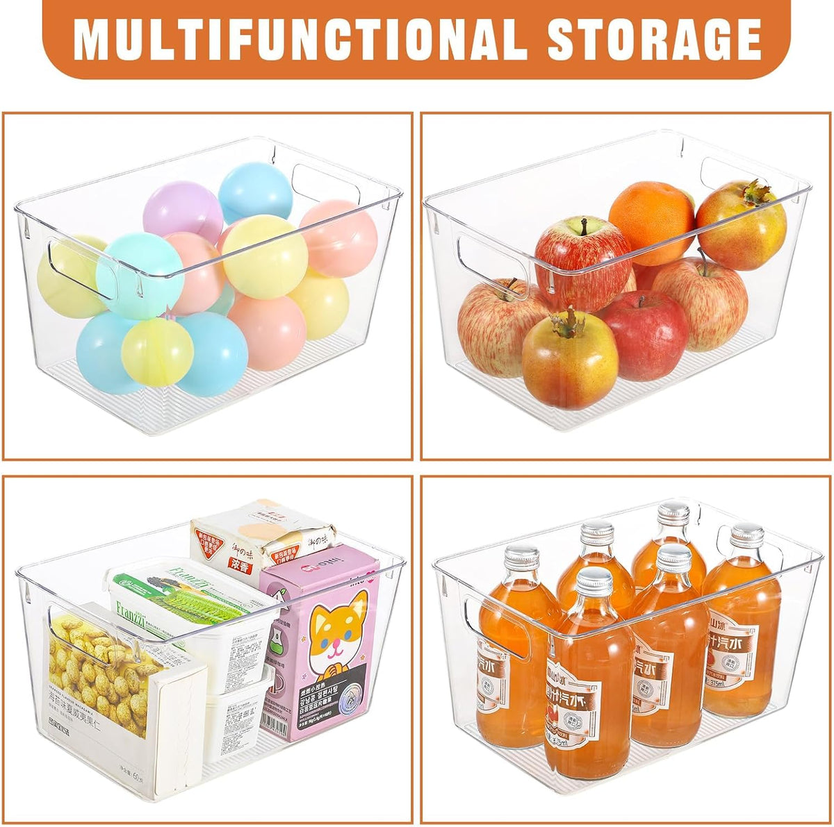Middle Organizers and Storage, Pantry Organization and Storage Bins, Cabinet Organizer, Clear Plastic Storage Containers with Handle，Acrylic Storage Bins for Cabinet, Fridge