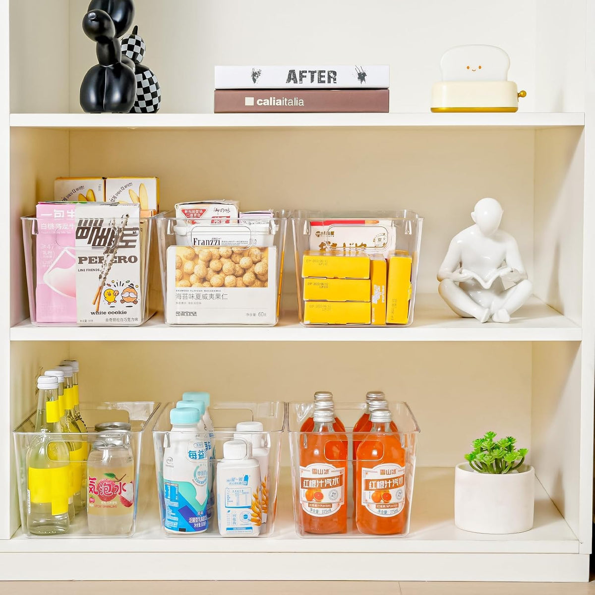 Middle Organizers and Storage, Pantry Organization and Storage Bins, Cabinet Organizer, Clear Plastic Storage Containers with Handle，Acrylic Storage Bins for Cabinet, Fridge