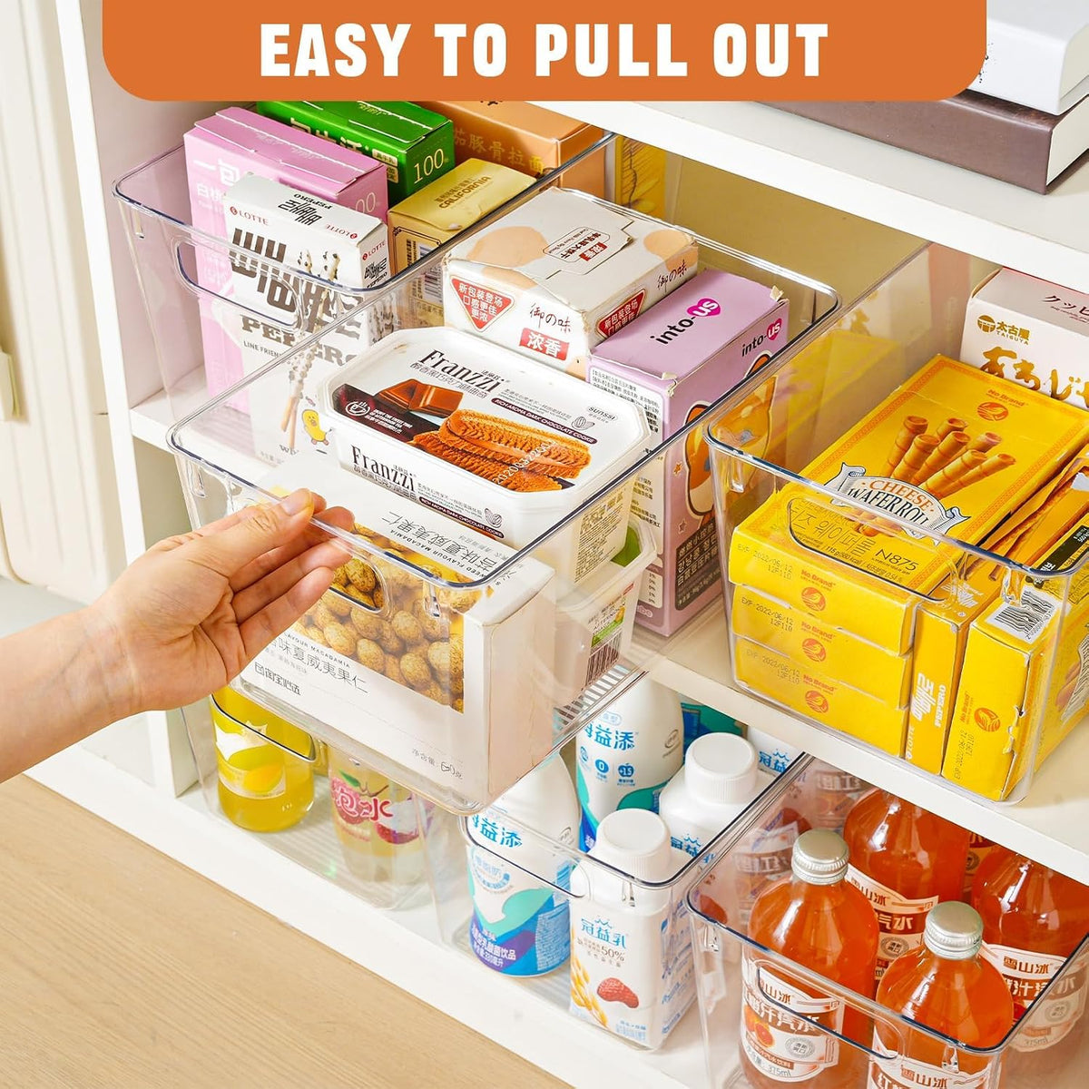 Middle Organizers and Storage, Pantry Organization and Storage Bins, Cabinet Organizer, Clear Plastic Storage Containers with Handle，Acrylic Storage Bins for Cabinet, Fridge