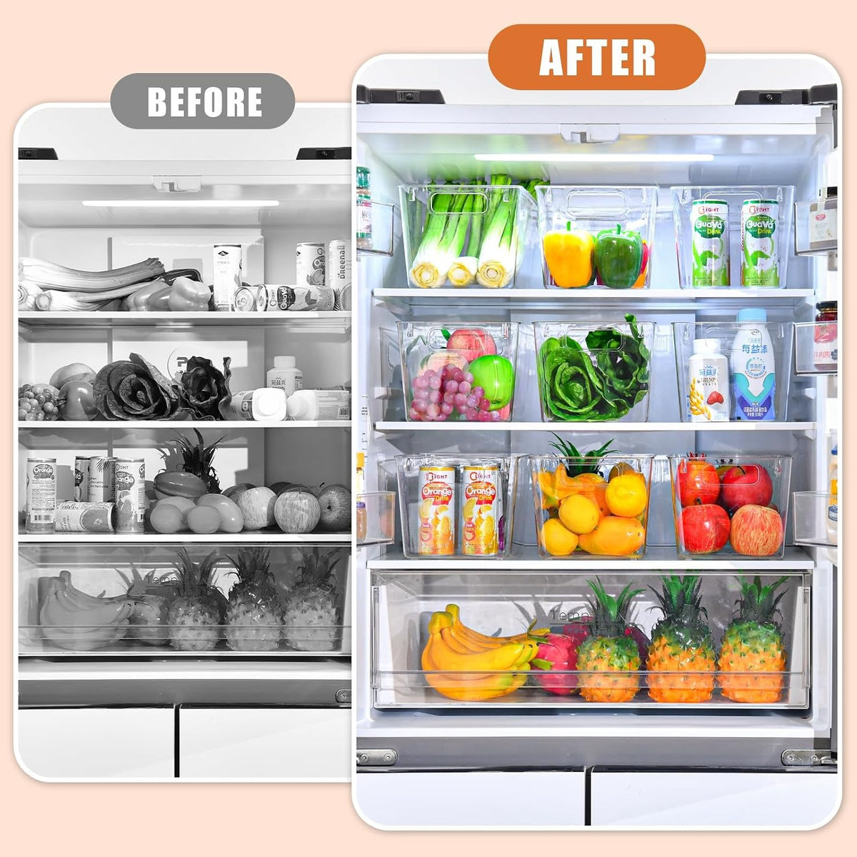 Middle Organizers and Storage, Pantry Organization and Storage Bins, Cabinet Organizer, Clear Plastic Storage Containers with Handle，Acrylic Storage Bins for Cabinet, Fridge