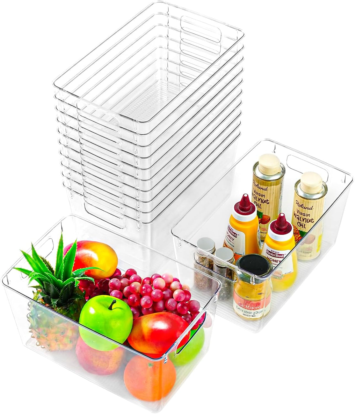 Middle Organizers and Storage, Pantry Organization and Storage Bins, Cabinet Organizer, Clear Plastic Storage Containers with Handle，Acrylic Storage Bins for Cabinet, Fridge