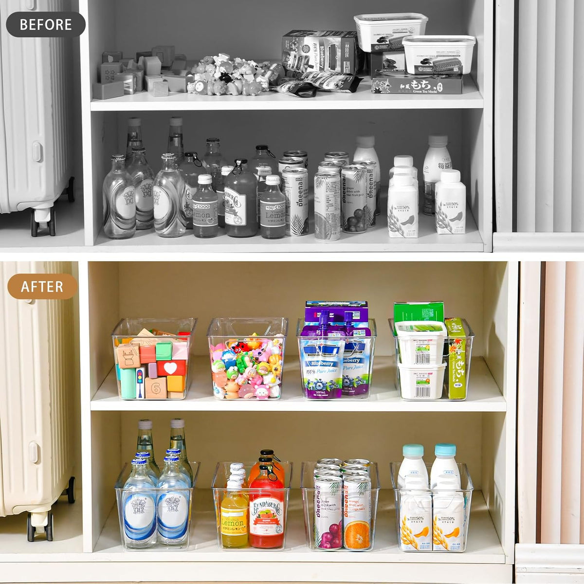Middle Organizers and Storage, Pantry Organization and Storage Bins, Cabinet Organizer, Clear Plastic Storage Containers with Handle，Acrylic Storage Bins for Cabinet, Fridge
