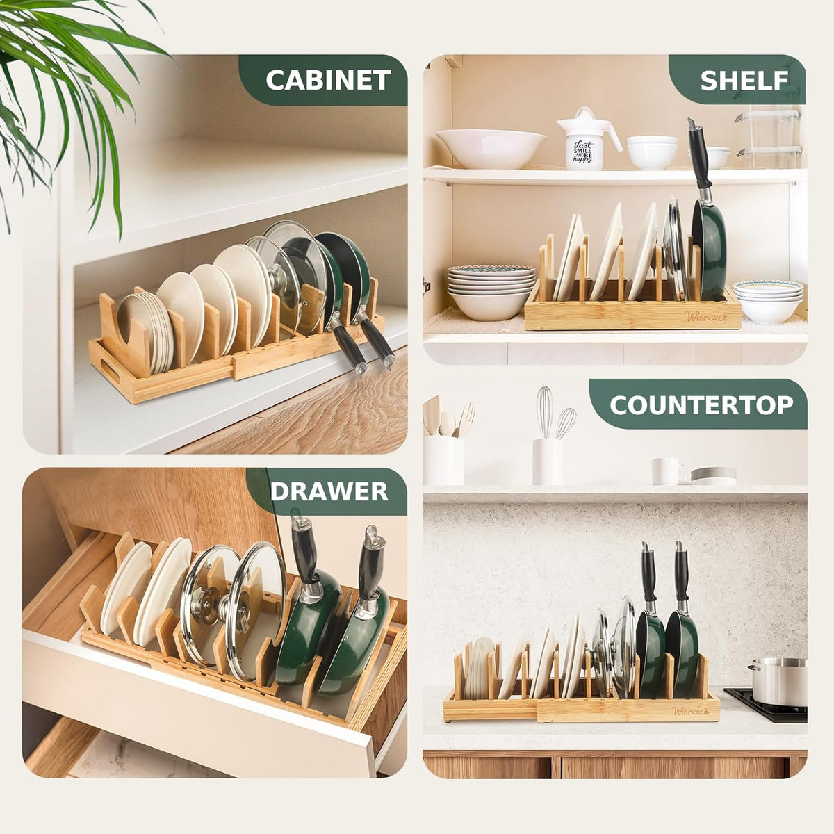Bamboo Pot Lid Organizer, Adjustable Kitchen Organizer for Cabinet, Expandable Pot and Pan Storage Rack, Kitchen Organization for Lids, Bakeware, and Cutting Boards