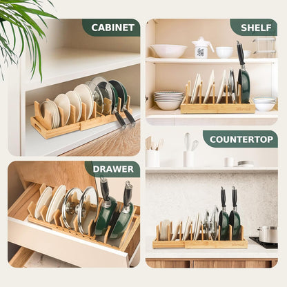 Bamboo Pot Lid Organizer, Adjustable Kitchen Organizer for Cabinet, Expandable Pot and Pan Storage Rack, Kitchen Organization for Lids, Bakeware, and Cutting Boards