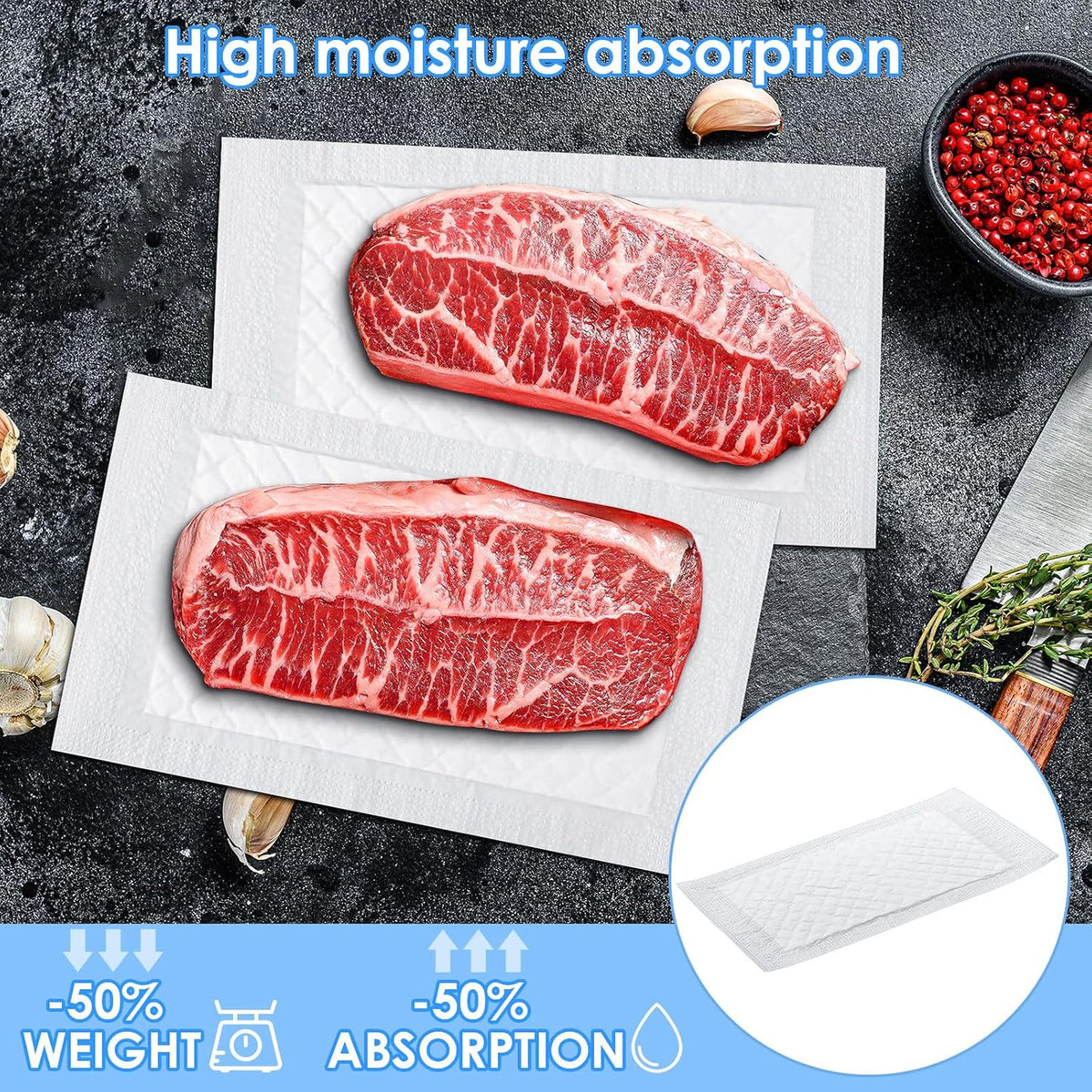 200 Pcs Meat Absorbent Pads 4x7 Inch Meat Soaker Pads for Vacuum Sealer Bags Fish and Poultry Pad 60 Grams (White)