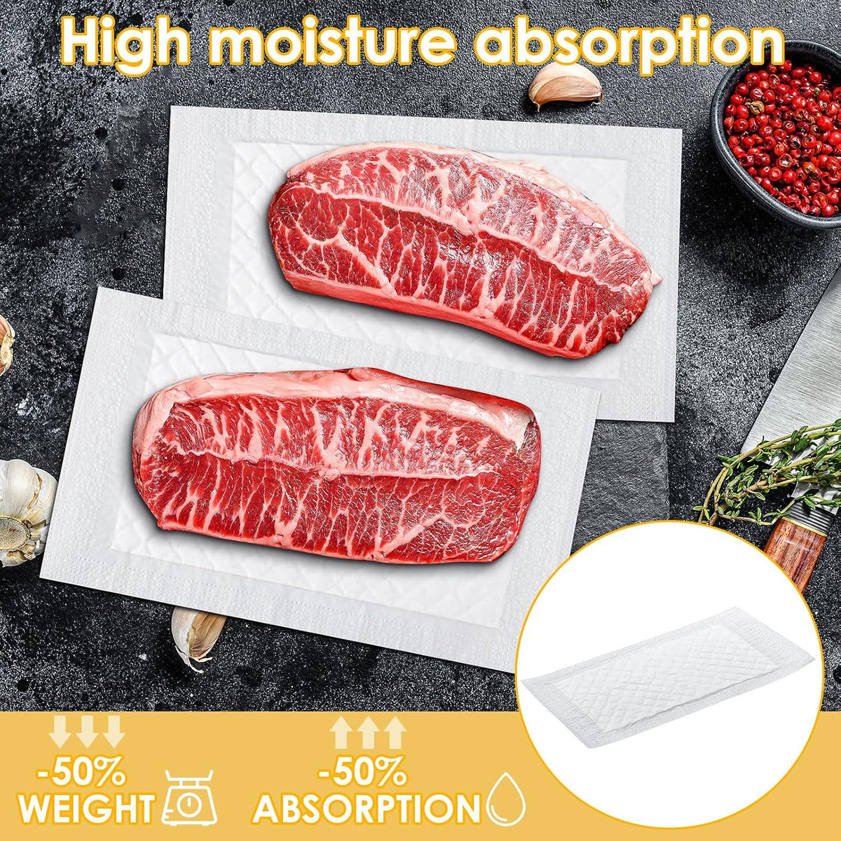 200 Pcs Meat Absorbent Pads 4x7 Inch Meat Soaker Pads for Vacuum Sealer Bags Fish and Poultry Pad 60 Grams (White)