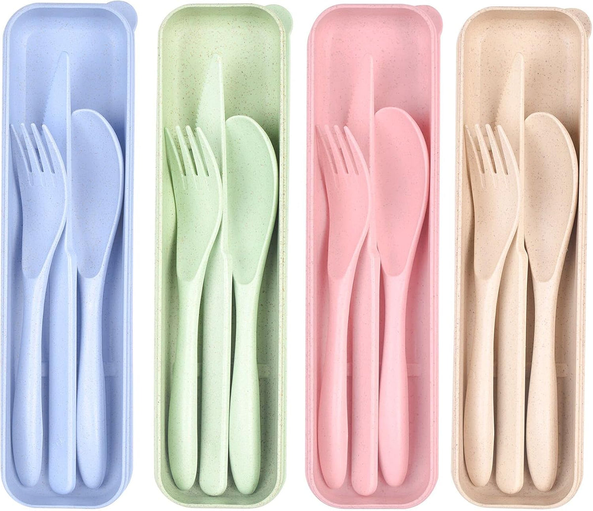 4 Sets Travel Utensils with Case, Reusable Cutlery Set for Lunch Box