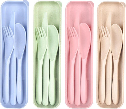 4 Sets Travel Utensils with Case, Reusable Cutlery Set for Lunch Box