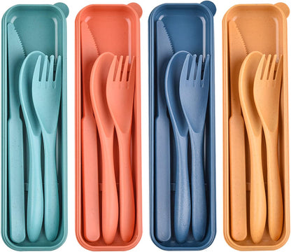 4 Sets Travel Utensils with Case, Reusable Cutlery Set for Lunch Box