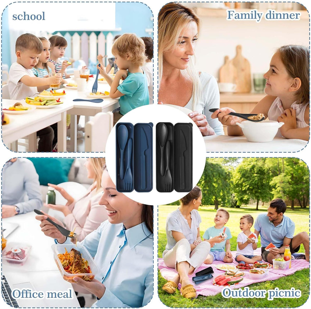 4 Sets Travel Utensils with Case, Reusable Cutlery Set for Lunch Box