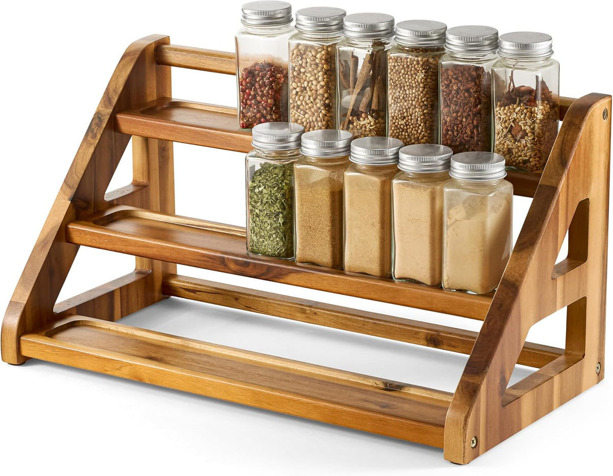 Acacia Wood Spice Rack for Countertop - Wooden Tray Holds 24 Jars Spice Racks Organizer for Storage Shelf - 3 Tiered Spice Rack Organizer for Cabinet - Spice Shelf for Kitchen Pantry (Acacia)