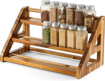 Acacia Wood Spice Rack for Countertop - Wooden Tray Holds 24 Jars Spice Racks Organizer for Storage Shelf - 3 Tiered Spice Rack Organizer for Cabinet - Spice Shelf for Kitchen Pantry (Acacia)