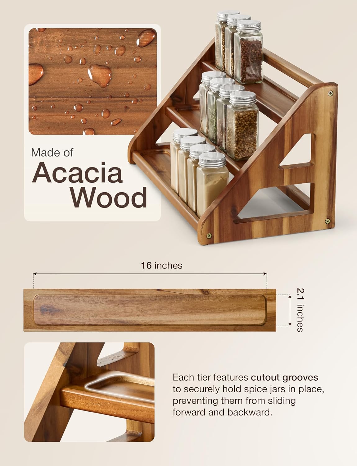 Acacia Wood Spice Rack for Countertop - Wooden Tray Holds 24 Jars Spice Racks Organizer for Storage Shelf - 3 Tiered Spice Rack Organizer for Cabinet - Spice Shelf for Kitchen Pantry (Acacia)