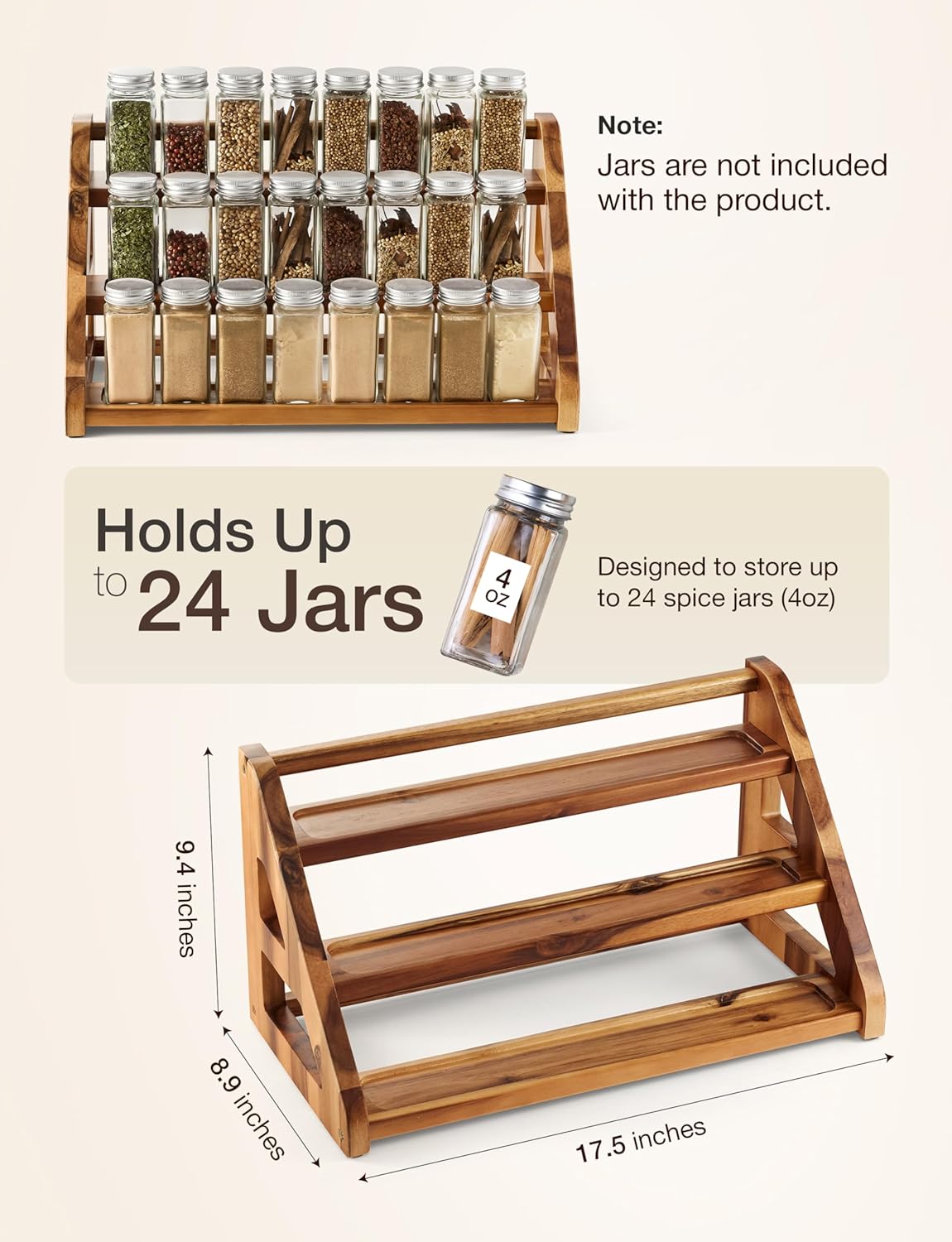 Acacia Wood Spice Rack for Countertop - Wooden Tray Holds 24 Jars Spice Racks Organizer for Storage Shelf - 3 Tiered Spice Rack Organizer for Cabinet - Spice Shelf for Kitchen Pantry (Acacia)