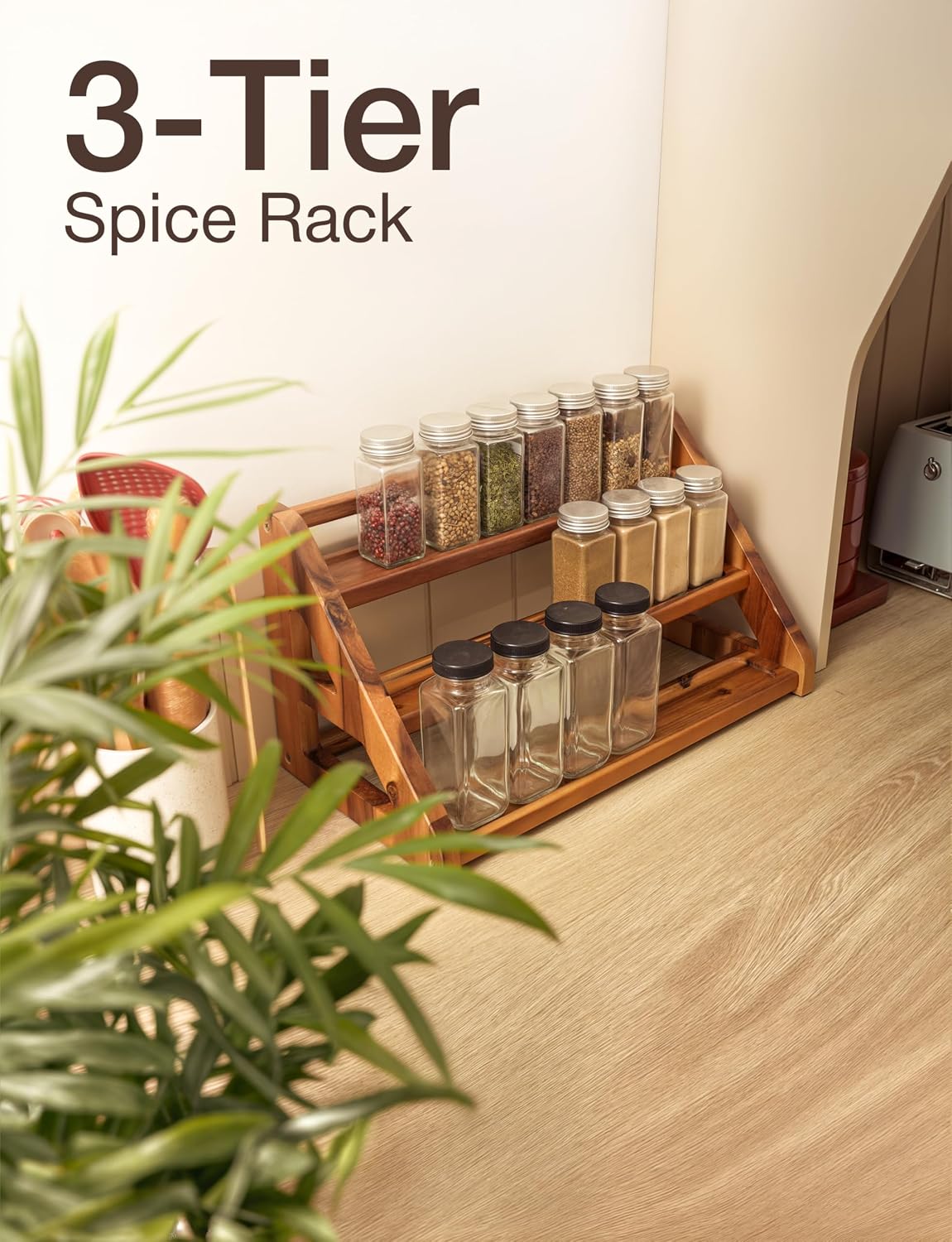 Acacia Wood Spice Rack for Countertop - Wooden Tray Holds 24 Jars Spice Racks Organizer for Storage Shelf - 3 Tiered Spice Rack Organizer for Cabinet - Spice Shelf for Kitchen Pantry (Acacia)