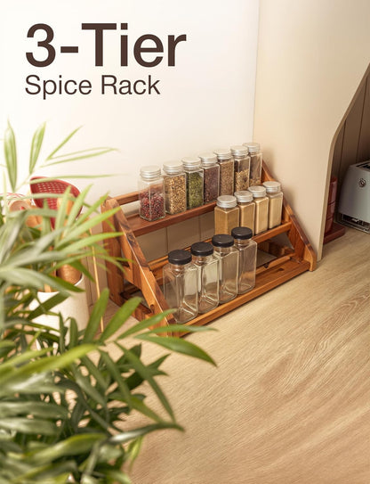 Acacia Wood Spice Rack for Countertop - Wooden Tray Holds 24 Jars Spice Racks Organizer for Storage Shelf - 3 Tiered Spice Rack Organizer for Cabinet - Spice Shelf for Kitchen Pantry (Acacia)